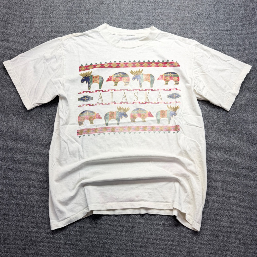 Vintage Alaska Moose Bear Graphic T-Shirt White Mens‎ Large Souvenir Tee 90s